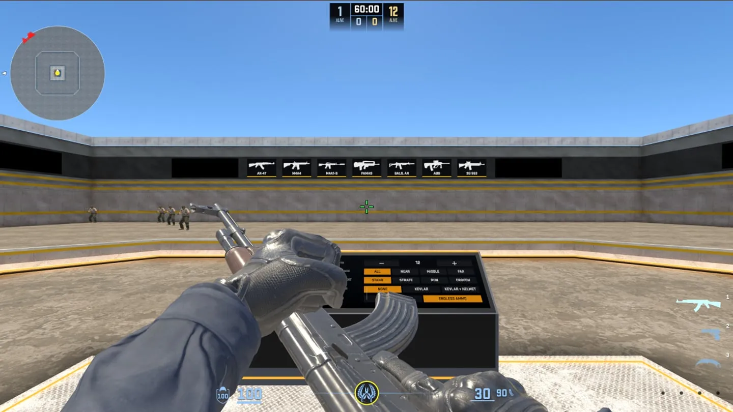 AstraStrike Aim Training mode in first person with an AK-47, bot targets and the weapon selection wall