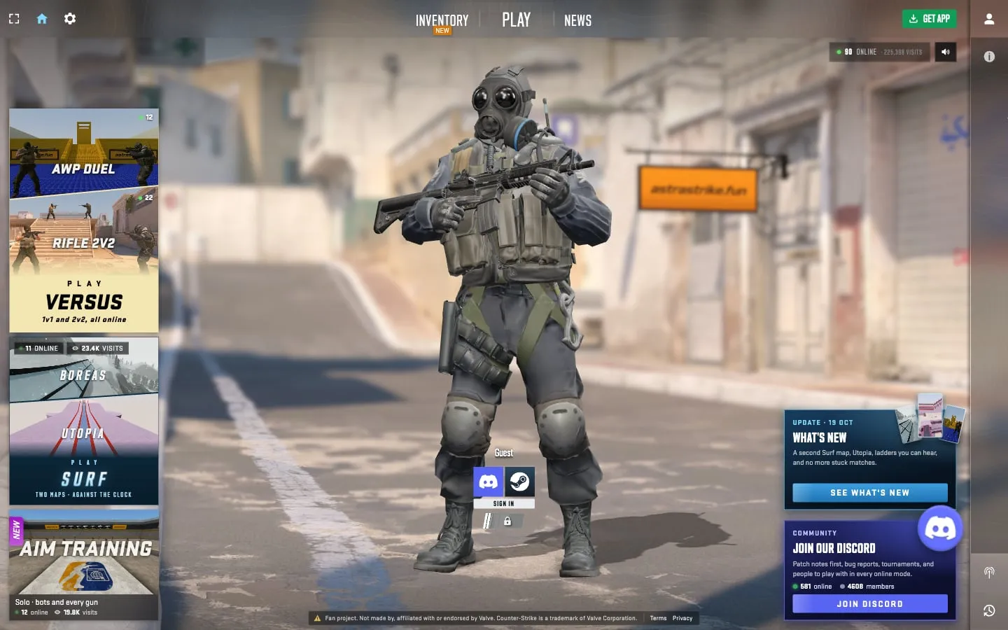 AstraStrike main lobby with a CS2-style counter-terrorist agent and the AWP Duel, Rifle 2v2, Surf and Aim Training mode tiles